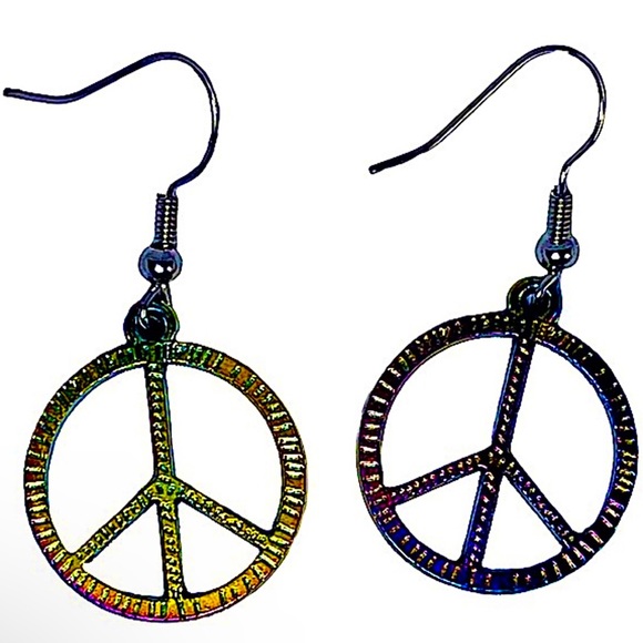 Peace sign iridescent rainbow shiny dangly earrings NEW - Picture 6 of 6